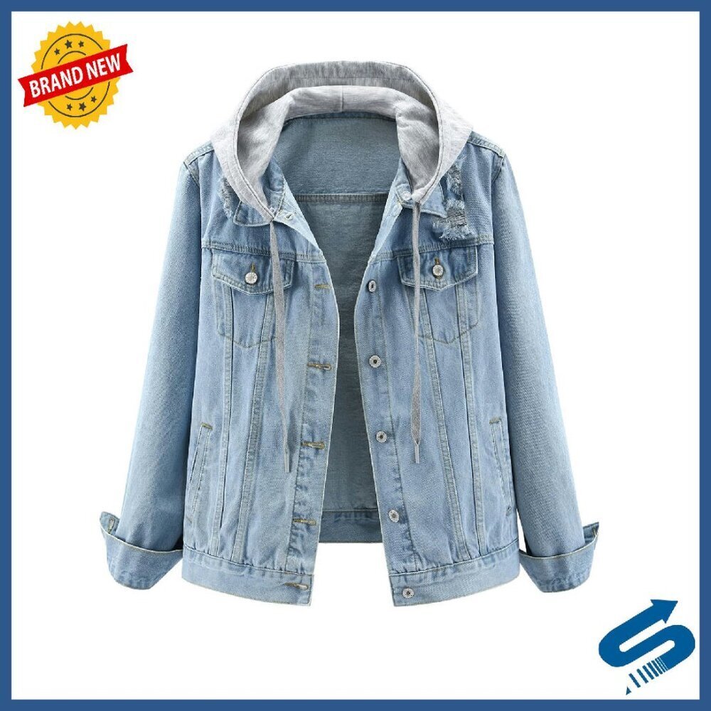 Distressed Denim Jacket with Detachable Hood, Loose Fit, Cotton Blend